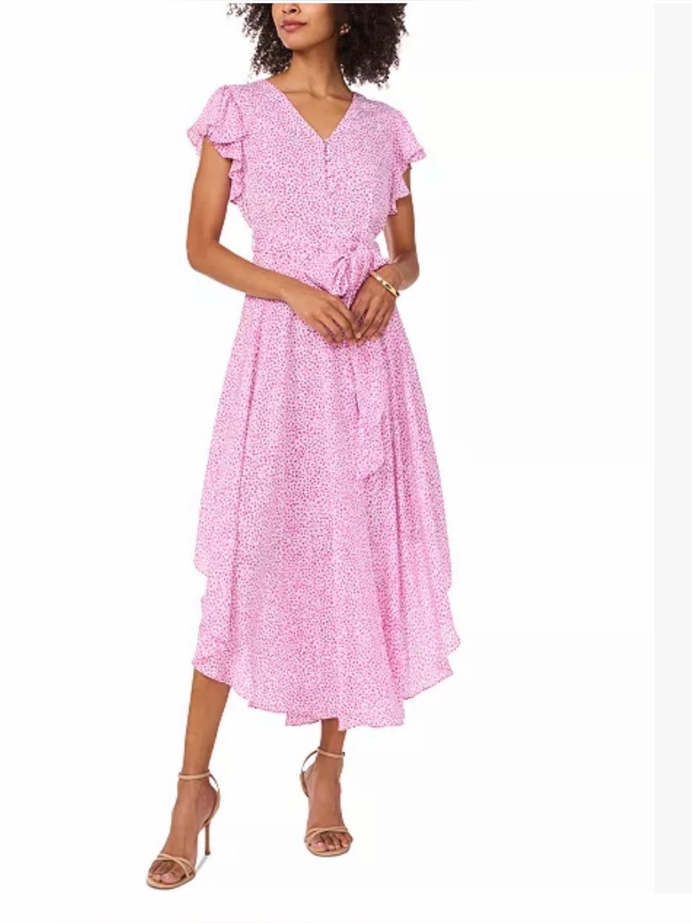 Vince Camuto Pink V-Neck Flutter Sleeve Tie-Waist Midi Dress